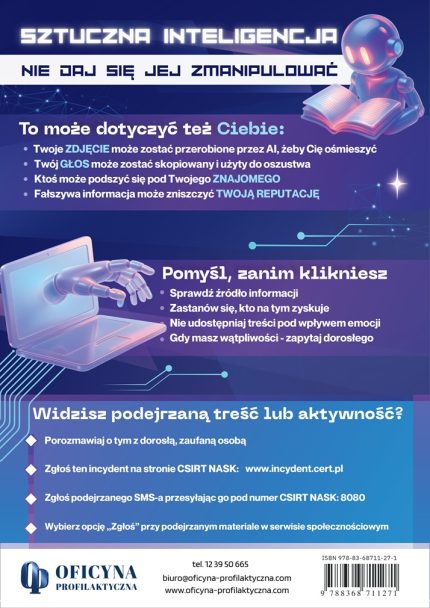 Plakat: Sztuczna Inteligencja, nie daj się jej zmanipulować (młodzież)