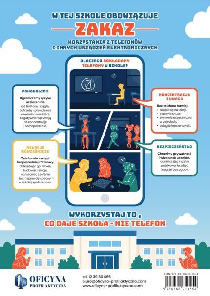 Plakat: W TEJ SZKOLE OBOWIĄZUJE ZAKAZ KORZYSTANIA Z TELEFONÓW I INNYCH URZĄDZEŃ ELEKTRONICZNYCH (młodzież)